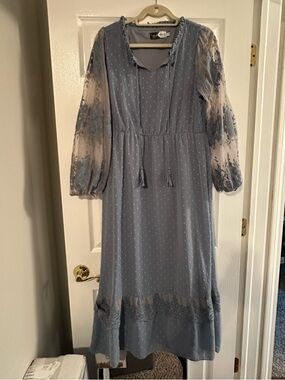 Soft Blue Boho Midi Dress with Sheer Embroidered Sleeves